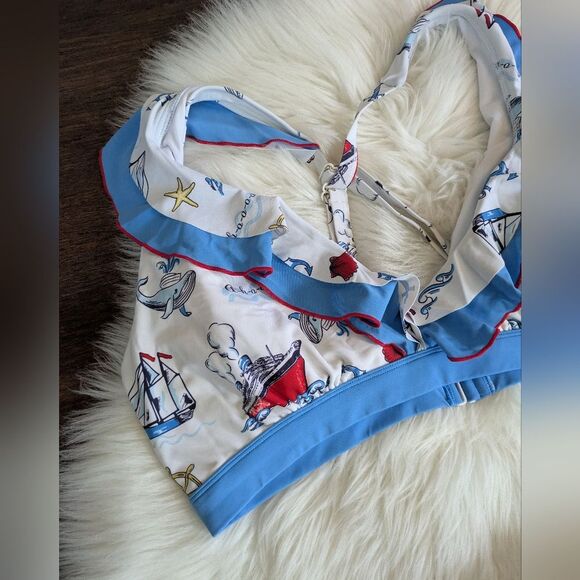 Bundle! Unique Vintage White & Blue Red Nautical Print Ruffle Swim Bikini 2X - Picture 4 of 8